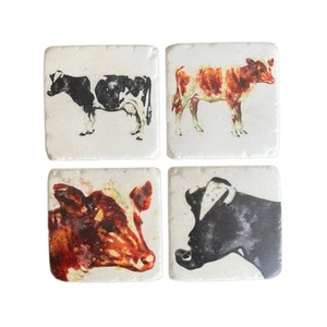 Rustic Cow Stone Coasters Set of 4 - Cork Back - Country Farm Kitchen Bar Decor - Picture 1 of 5