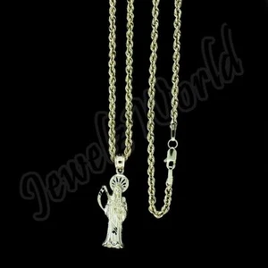 10K Yellow Gold Santa Muerte Grim Reaper Holy Death Pendant & 2mm Rope Chain - Picture 1 of 18