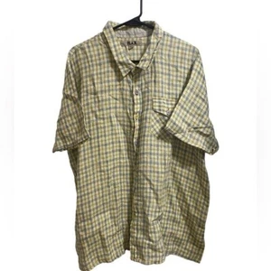 Men’s Flax Yellow Plaid Button Front Short Sleeve Shirt Size Large Coastal Beach - Picture 1 of 4
