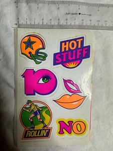 Vintage 1980's Neon Lips Rollin & Hot Stuff Cute Sticker Strip Trendy Eighties - Picture 1 of 2