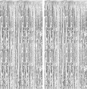 2 Pack Foil Curtain Backdrop Silver Metallic Tinsel Foil Fringe Curtains Photo B - Picture 1 of 12
