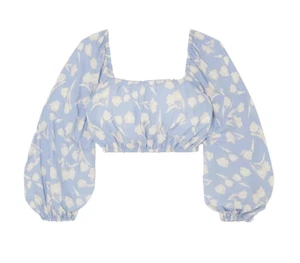 PEONY Women's Tulip Floral Cropped Woven Shirt sz 10 Blue Blouse Top - Picture 1 of 6