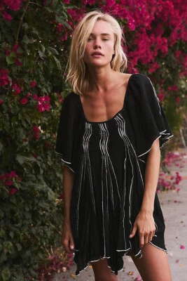 Free People Joelle Babydoll Stripe Pleated Tunic Top, Black, Large, RRP $88 - Image 1 of 4
