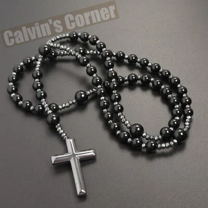Black Onyx Bead Hematite Cross Rosary Necklace Catholic Men Women Gift Hanging - Picture 1 of 8