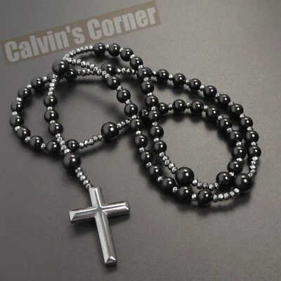 Collar Rosario Cruz Hematita Cuentas Ónix Negro Católico Hombres Mujeres Regalo Colgante Foto 1 de 4