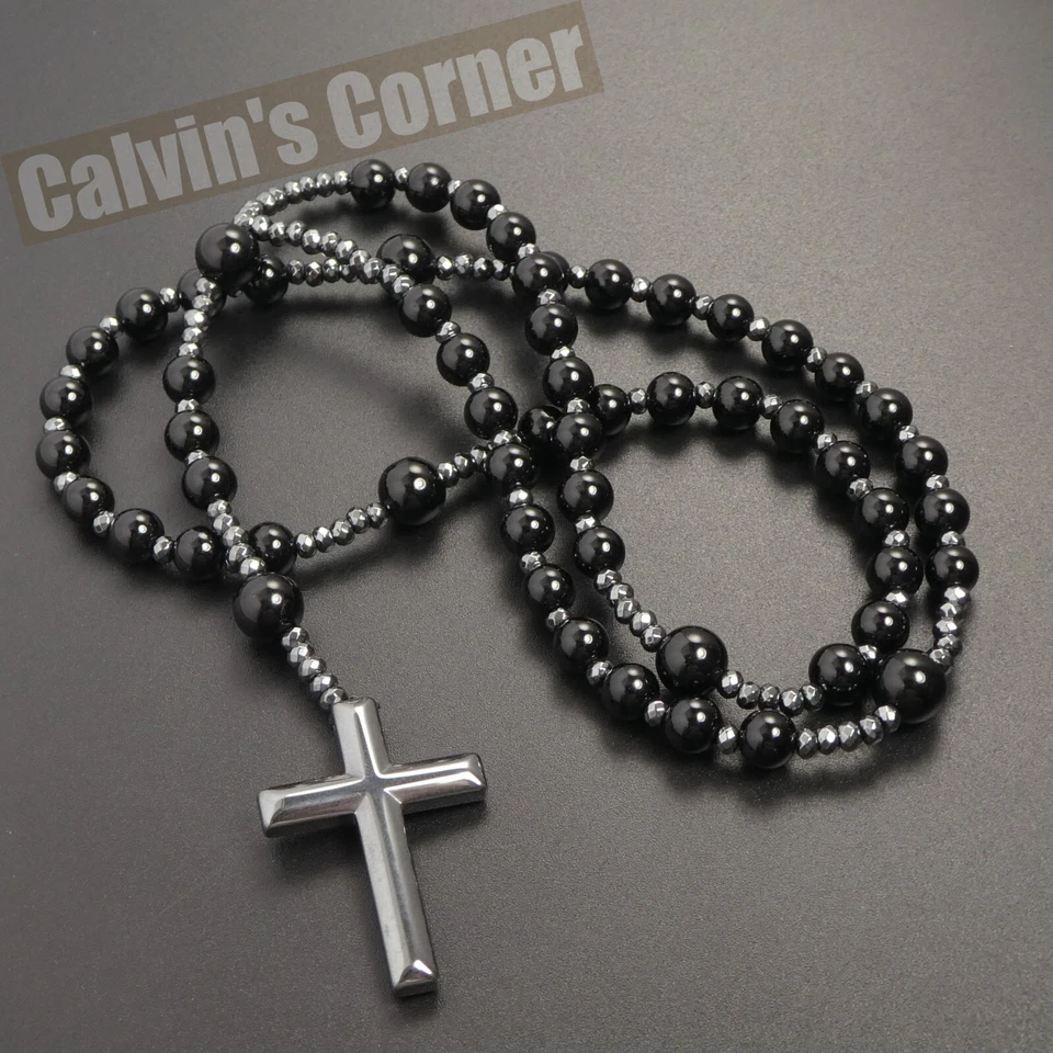 Collar Rosario Cruz Hematita Cuentas Ónix Negro Católico Hombres Mujeres Regalo Colgante Foto 1 de 4