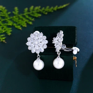 Fashion Jewelry CZ Women Crystal Pearl Flower Non Pierced Clip On Drop Earrings - Bild 1 von 8