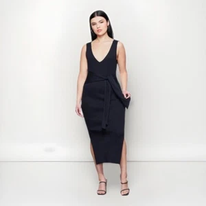 Good American Long Sleeve Belted Body Dress Black Ribbed Knit Size 7 4XL - Picture 1 of 13