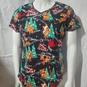 Rudolph the Red Nosed Reindeer Womens Scrub Size M Don’t Believe Me Just Watch - Picture 1 of 4