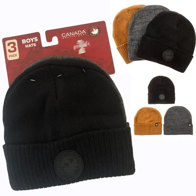 Новый Canada погоды Gear мальчиков 3-Pack Beanie / вязаная шляпа NIP черный, серый, коричневый - Изображение 1 из 4