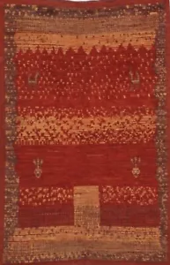 4 X 6 Hand Knotted Pakistan Wool Area Rug Red Color Tribal Rare Gabbeh Beauty - Picture 1 of 4