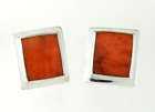 .925 Sterling Silver Spiny Oyster Earrings Stud Rectangle Orange Artisan