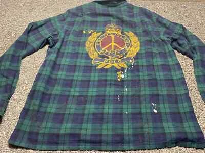 Vtg Polo Ralph Lauren Peace Sign Plaid  Patchwork Western Flannel Aztec Shirt XL - Image 1 of 4