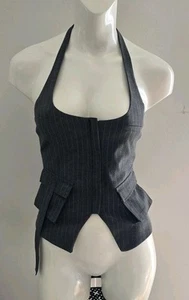 Gilet donna Zara grigio a righe misto cotone reggicalze collo tasche zip intera XS - Foto 1 di 7