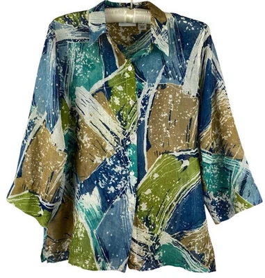 Camisa Otoño Alfred Dunner 12 Azul Transparente Verde Turquesa Color Salpicaduras Manga 3/4 L Foto 1 de 4