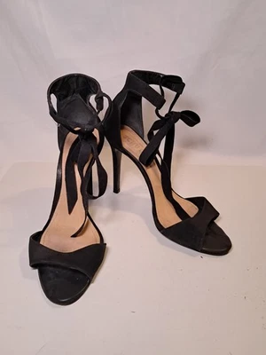 Schutz Size 8B Open-Toe Ankle Strap & Tie 4" Stiletto Heels Black Faux Suede - Image 1 of 4