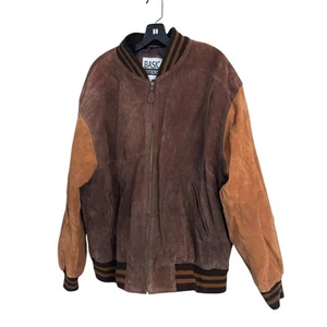 Basic Editions Varsity Jacket Vintage XL 90s Bomber Leather Suede Brown Zip up - Picture 1 of 12