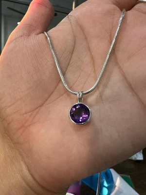 Bezel Set Amethyst Solitaire Pendant with Snake chain in 925 Silver Gift for him - Image 1 of 4