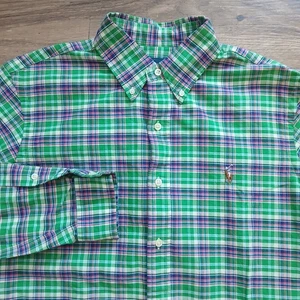 Ralph Lauren Shirt Mens Medium Green Plaid Flesh Pony Casual Button Cotton - Picture 1 of 9