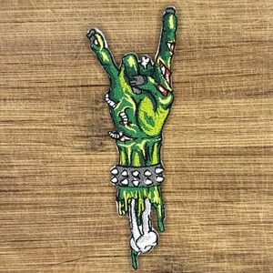 Zombie Hand Rock On 4-Inch Embroidered Iron-On Patch – Green Undead Accessory - Picture 1 of 4