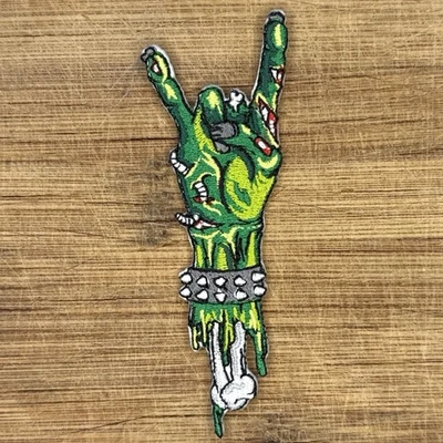 Zombie Hand Rock On 4-Inch Embroidered Iron-On Patch – Green Undead Accessory - Image 1 of 4