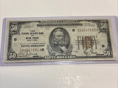 1929 $50 Fifty Dollar Bill • Federal Reserve Banknote • New York • Brown Seal - Image 1 of 4