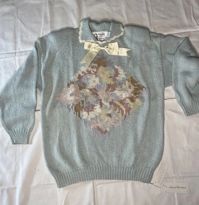 Suéter Marisa Christina Azul Tejido a Mano Talla Mediana Lazo Almohadillas para el Hombro Foto 1 de 4