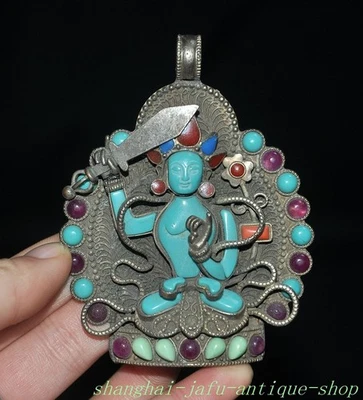 Incrustación de plata tibetana turquesa gema sostener espada tara Guanyin estatua amuleto colgante Foto 1 de 4