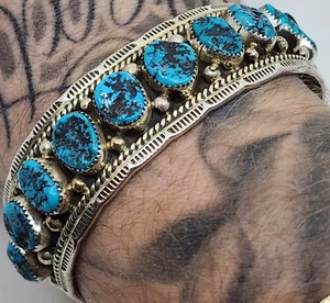DN Signed Navajo Sterling Silver Kingman Turquoise Row Bracelet 7.25" V - Picture 1 of 11