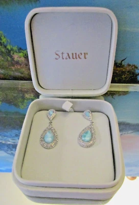 Stauer Double Teardrop Earrings 925 Silver, Blue & White Stones, Larimar? in Box - Image 1 of 4
