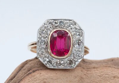 14KT 2-Tone 1.77ct. Lab Created Oval Ruby with Natural Diamond Halo Ring GIA - Image 1 of 4