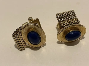 Cufflinks Dark blue gold color steel cuff Shirt button Men's Set Banded Lock VTG - Bild 1 von 3