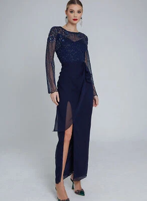 Vestido Virgos Lounge Reena Azul Marino Adornado Volantes Boda Fiesta Maxi Reino Unido 12 40 Foto 1 de 4