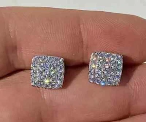 Lab Created Diamond 1Ct Round Square Stud Earrings 14K White Gold Plated Silver - Picture 1 of 10