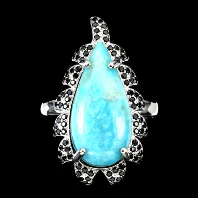 925 Sterling Silver Ring Pear Blue Turquoise 20x10mm Spinel Gemstone Jewelry 6.5 - Image 1 of 4