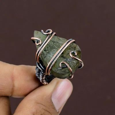 Anillo de joyería envolvente de alambre de cobre con piedras preciosas de prehnita de musgo tamaño 6,5 regalo para ella j326 Foto 1 de 4