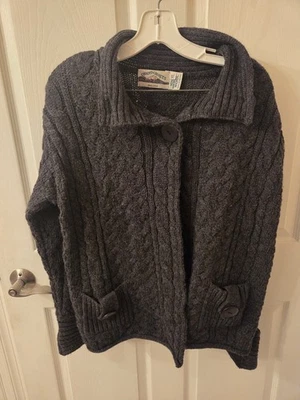 Aran Crafts Cardigan Women's XL Gray Merino Wool Cableknit Irish One Button Wrap - Image 1 of 4
