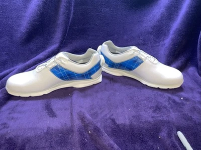 Footjoy Myjoys Premiere 系列 BOA Packard 钉钉高尔夫鞋 白色/蓝色 尺码 11 — 第 1/4 张图片