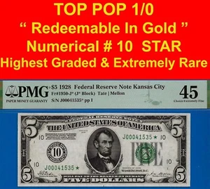 1928 $5 Federal Reserve Note PMG 45 TOP POP 1/0 highest graded Kansas City star - Picture 1 of 4