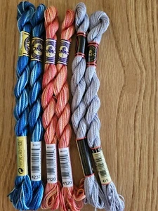 6 DMC Gr. 5 Baumwolle Perlen NADELSPITZENGARN Twist Knäuel blau grau orange 27 Yard - Bild 1 von 2