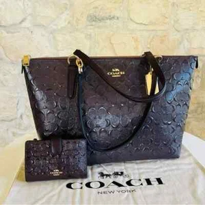 COACH Ava Signature Patent Leather tote Shoulder Bag / Corner Zip Wallet Oxblood - Picture 1 of 32