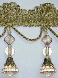 5 Yards - 4" Exquisite Tassel Fringe Crystal Bead Trim Olive Green Gold - Picture 1 of 2