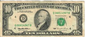 1995 10$ FRN - Small portrait w/ security thread - MEW/RER D06814967B - #15246 - Picture 1 of 2