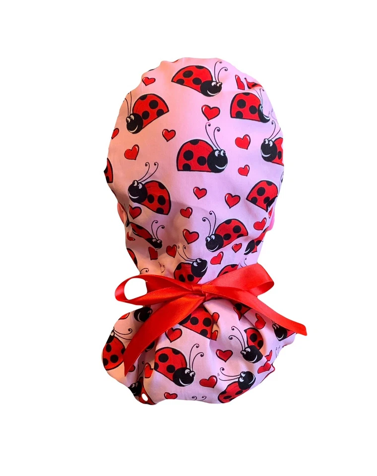 Ladybug SATIN LINED Scrub Cap Ponytail Hat Long Hair Protection - Image 1 of 4