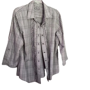 Foxcroft Wrinkle Free Fitted Shape Shirt Women 18 Gray Check Button Up 3/4 Slvs - Picture 1 of 10