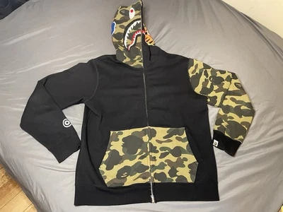 Sudadera con capucha negra con cremallera completa A Bathing Ape Bape Shark patrón camuflado para hombre XL Foto 1 de 4