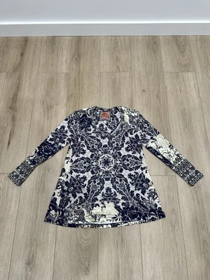 Johnny Was Shirt Womens XXS Blue White Boho Floral Short Sleeve Pullover Top - Image 1 of 4