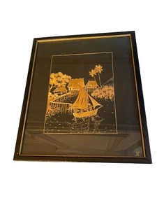 Arte de bambú sobre paisaje tropical asiático negro palmera barco de pesca enmarcado - Imagen 1 de 6