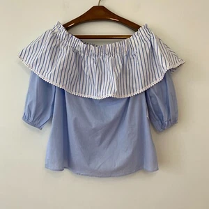 Kensie Womens Large Blue Striped Off Shoulder Blouse - Picture 1 of 4
