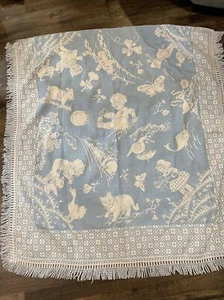 Vintage Baby Nursery blanket Rhyme Panel Vantona Textile Blue White Embroidered - Picture 1 of 12